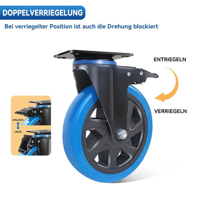 BAOLIHUI 150mm Schwerlastrollen Blau 4er Set Möbelrollen Bis zu 1000KG, 360 Grad Doppelverriegelung