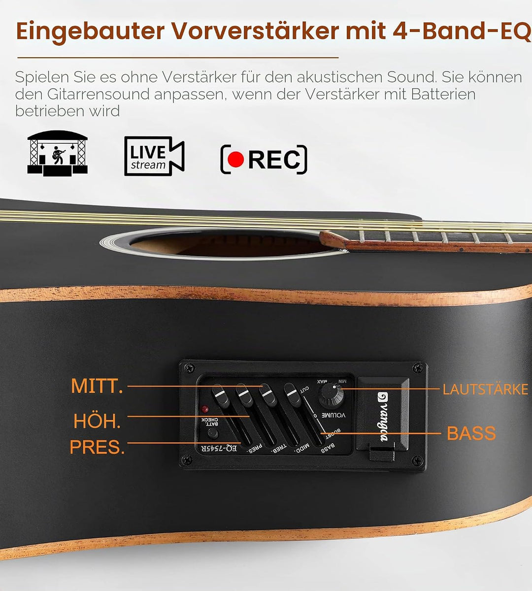 Vangoa 4/4 Linkshändig Gitarre Elektro Akustische Westerngitarre für Linkshänder mit 4-Band-Equalize