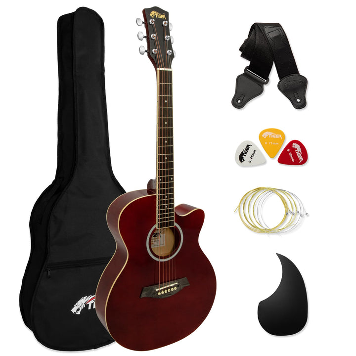 TIGER ACG1-RD Small Body Akustikgitarre, mit Stahlsaiten bespannte Akustikgitarre für Anfänger, Rot