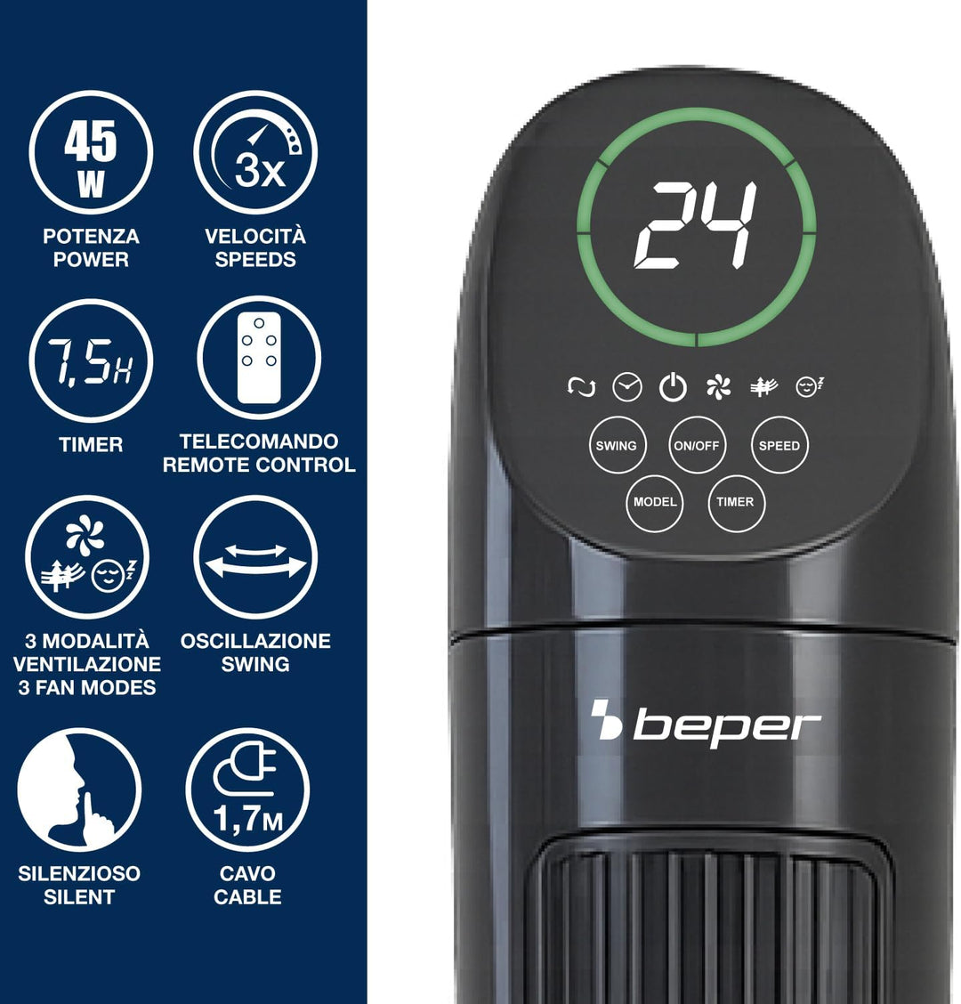 BEPER P206VEN310 Deluxe Digitaler Turmventilator mit Fernbedienung, leiser Turmventilator, 3 Geschwi