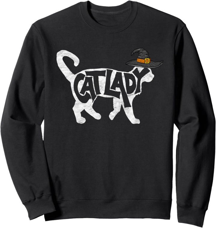 Cat Lady Funny White Cat in Witch Hat Typography Halloween Sweatshirt