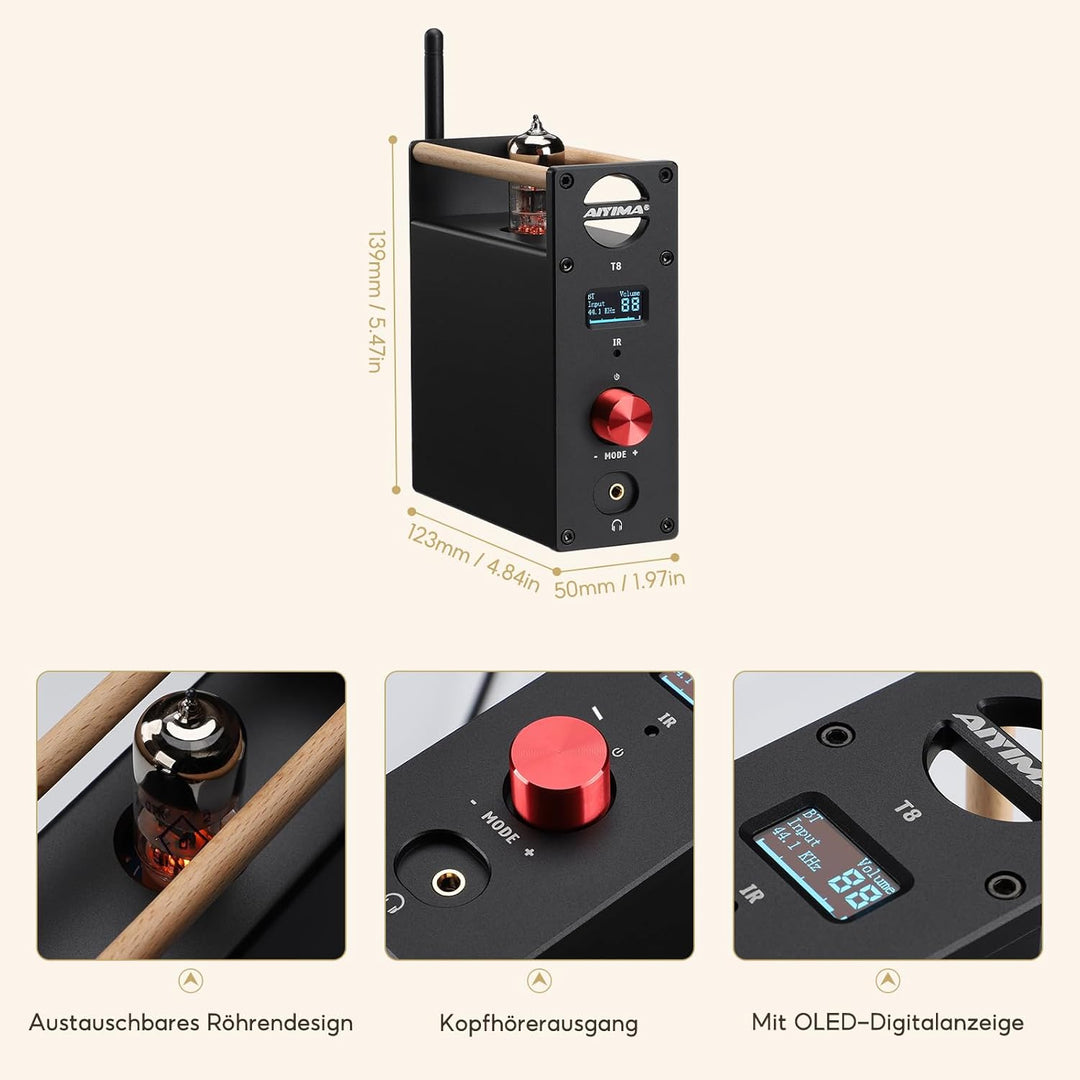 AIYIMA T8 6N3 Digital Tube Vorverstärker QCC3031 Bluetooth 5.0 Vorverstärker USB DAC Kopfhörerverstä