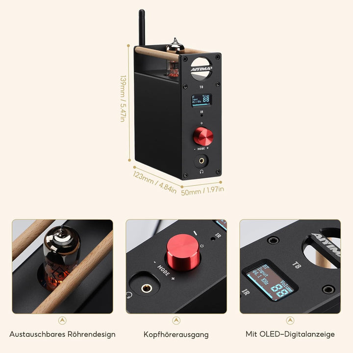 AIYIMA T8 6N3 Digital Tube Vorverstärker QCC3031 Bluetooth 5.0 Vorverstärker USB DAC Kopfhörerverstä