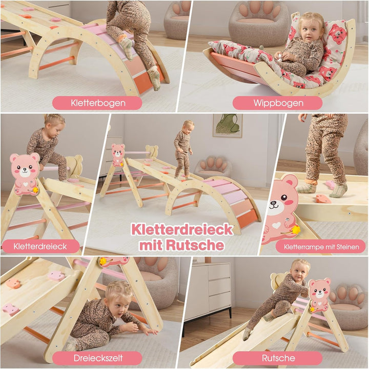 7-in-1 Montessori Kletterdreieck Set mit Rutsche, Kletterbogen & weichem Kissen – Holz Klettergerüst