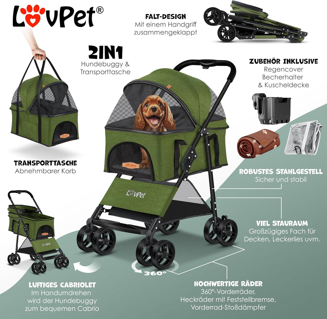 LOVPET® Hundewagen 2in1 Hundebuggy Hundebox Transporttasche Faltbar klappbar bis 20kg Haustiere Bugg