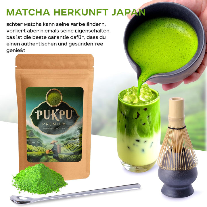 Matcha Tee Set – Japanisches Ceremonial Set mit Matcha Pulver, Elektrischer Matcha Besen, Bambus Cha