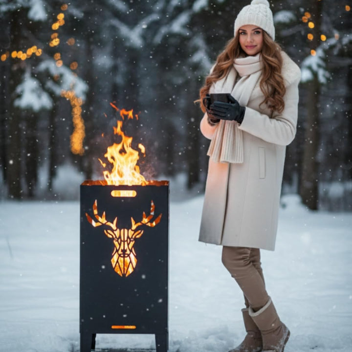 Feuertonne Hirsch &amp; Löwe - Massive Feuerkorb Feuerschale aus Stahl Outdoor Firepit mit Motiv Stabil,