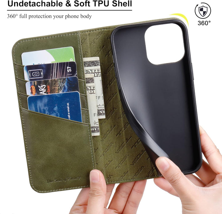 VISOUL Hülle für iPhone 14 Pro Max Handyhülle [Echtleder] [Schützt] [Kartenfach] [Magnet] [Standfunk