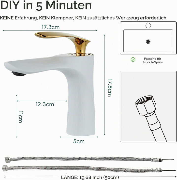 Leekayer Badezimmerarmatur weiss Gold Waschtischarmatur Einzelloch Deckmontage 1-Griff Waschbecken W