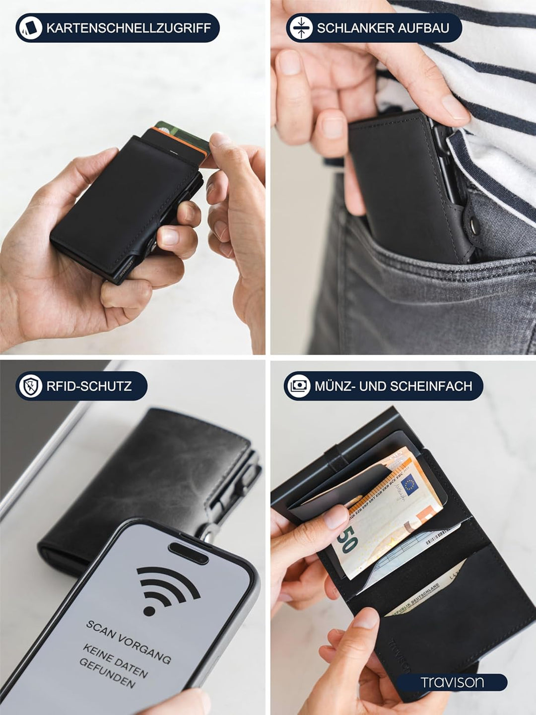 Travison® SMART Wallet mit Münzfach und Geldscheinfach - Kartenetui mit Münzfach und Schnellzugriff