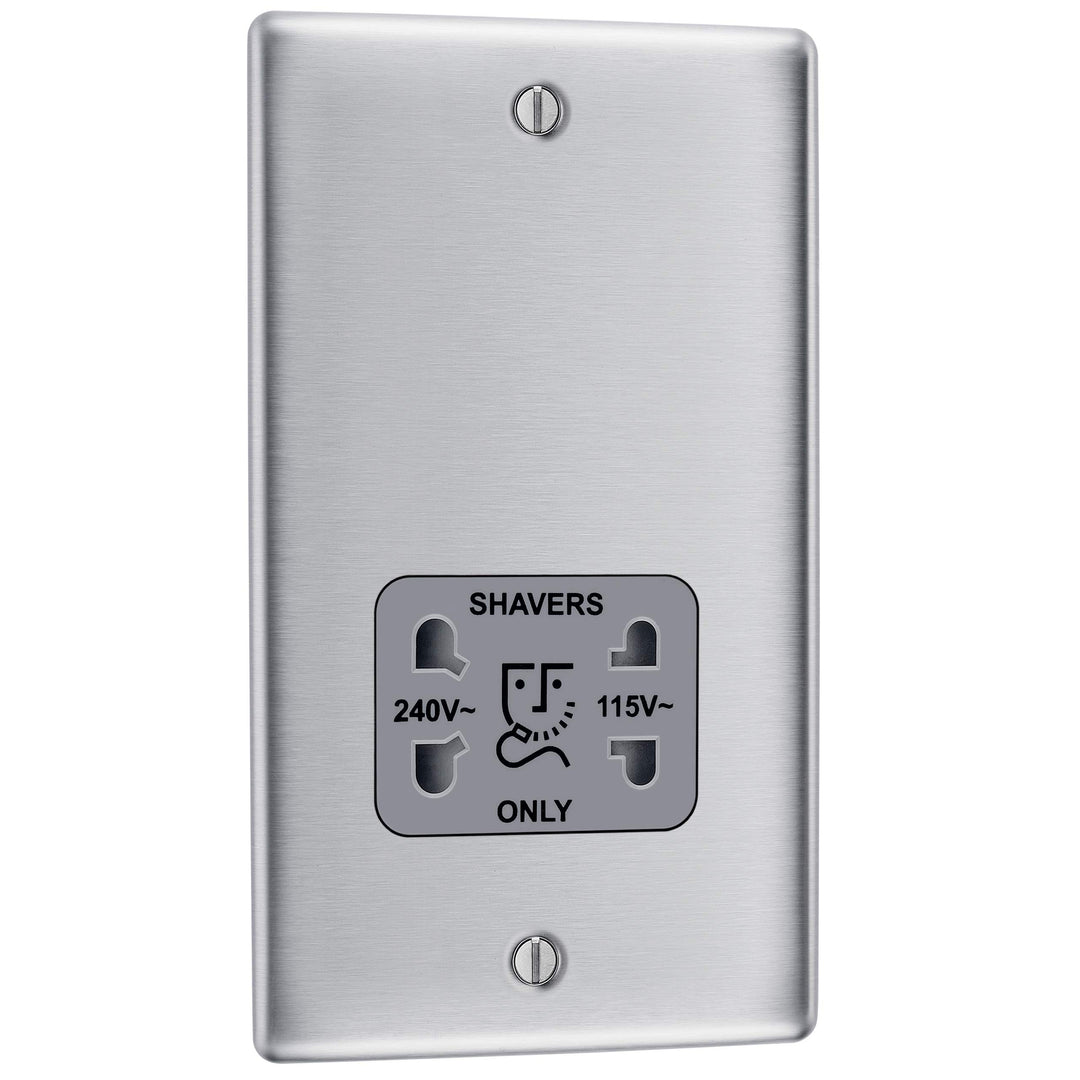 BG Electrical NBS20G-01 115- und 230-Volt-Rasierersteckdose, spannungsumschaltbar, gebürsteter Stahl