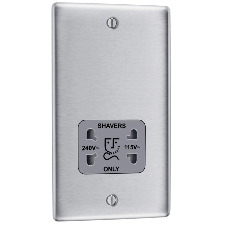 BG Electrical NBS20G-01 115- und 230-Volt-Rasierersteckdose, spannungsumschaltbar, gebürsteter Stahl