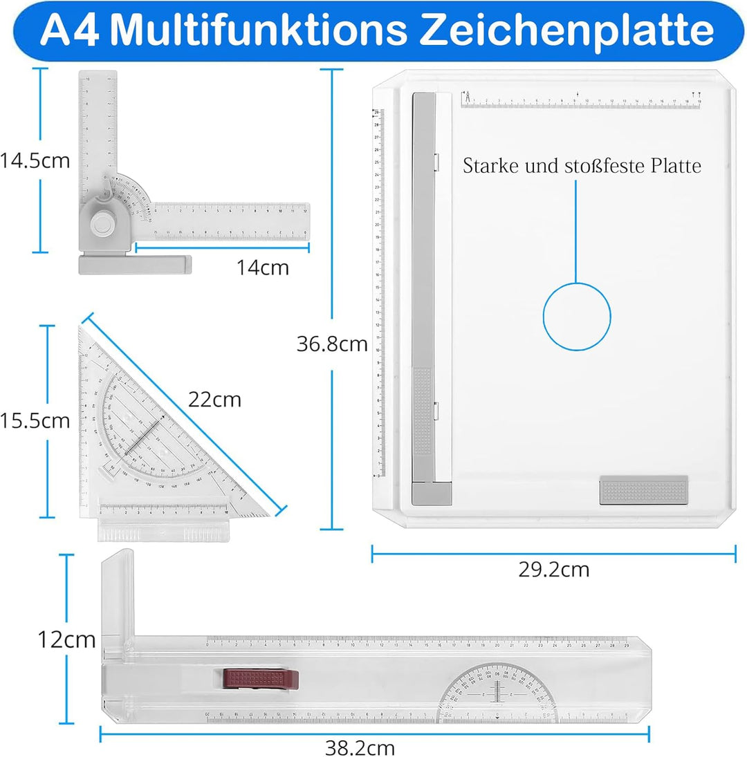Zeichenbrett DIN A4 Professioneller Zeichenplatte Geo-Board mit Schiebelineal Zeichendreieck Masssta