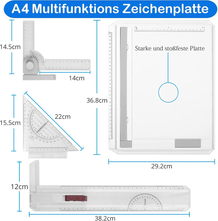 Zeichenbrett DIN A4 Professioneller Zeichenplatte Geo-Board mit Schiebelineal Zeichendreieck Masssta