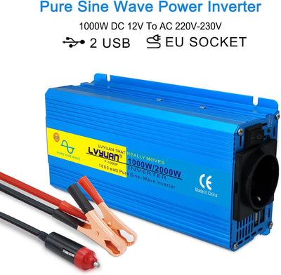 Yinleader Wechselrichter 1000W /2000W 12V 230V Reiner Sinus Spannungswandler mit 1 Steckdose 2 USB A