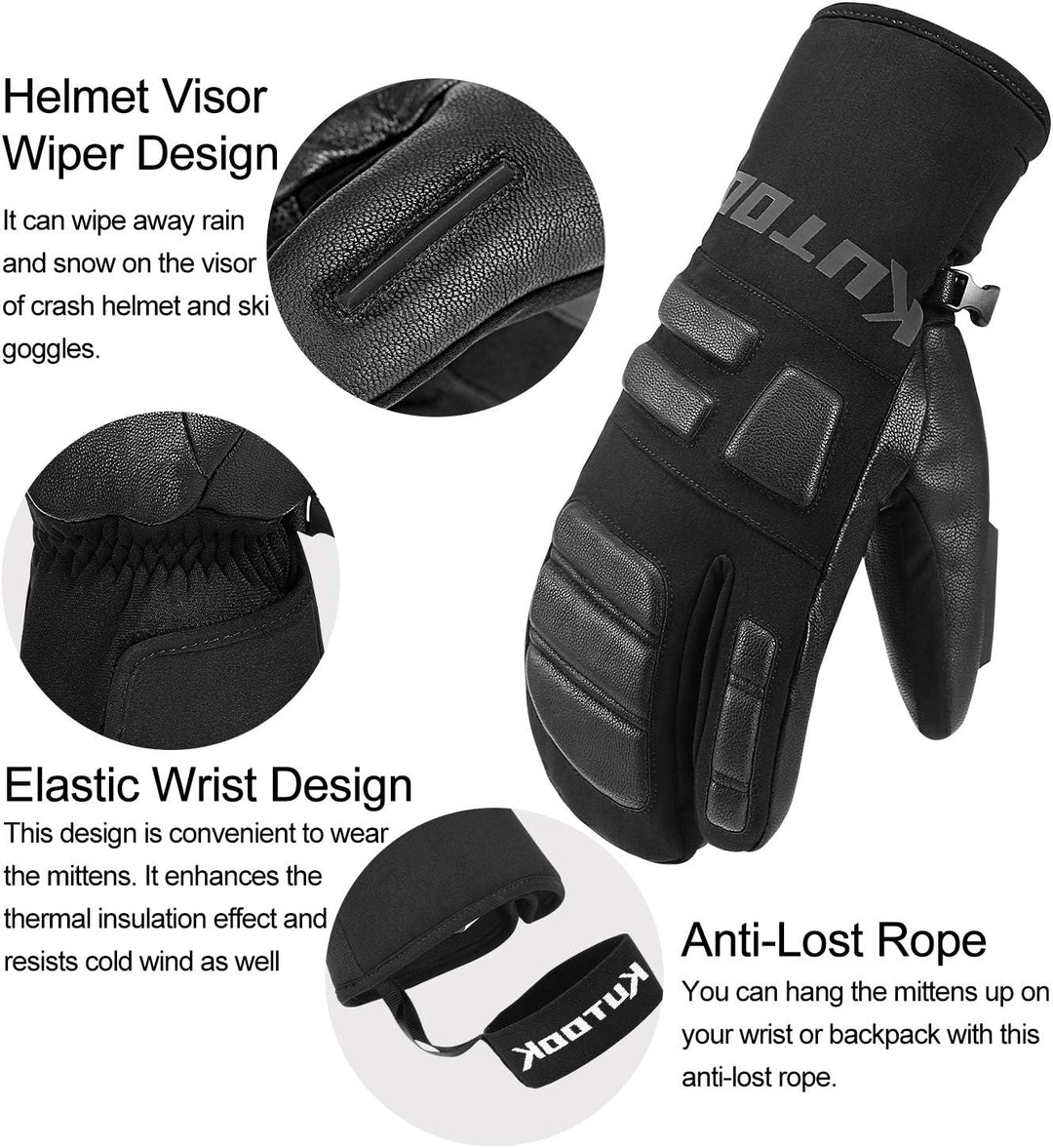 KUTOOK Skihandschuhe Ziegenleder 3M Thinsulate Fäustlinge 5 MM Eva HIPORA Wasserdicht Winddicht Stra