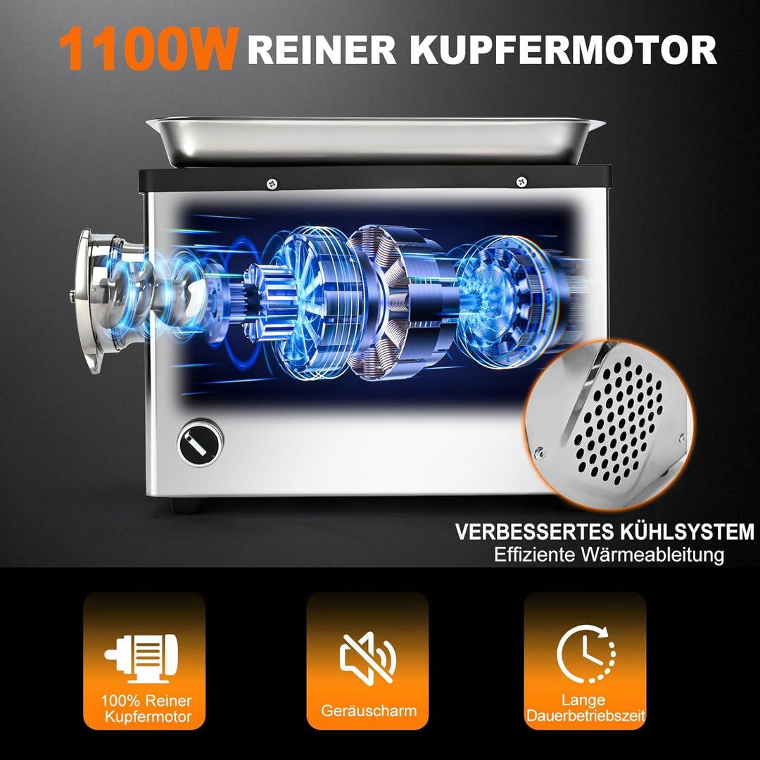 Anatole Fleischwolf Elektrisch Edelstahl Integral 1100W Profi Hackfleisch Maschine Multi Wurstmaschi