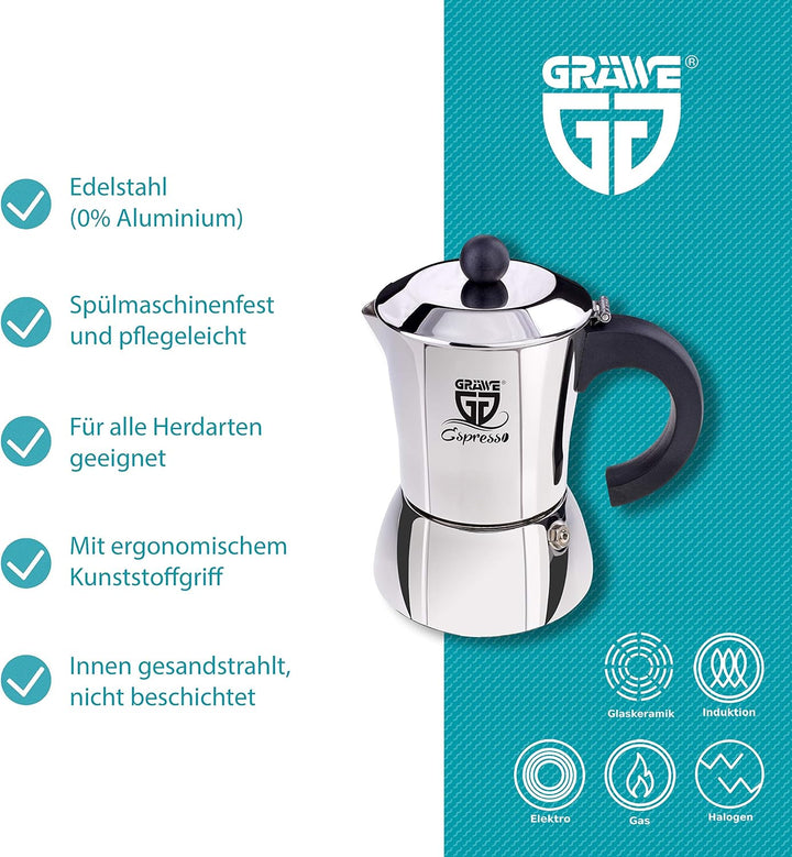 GRÄWE Espressokocher Induktion geeignet, Espressokanne aus Edelstahl für 10 Tassen, Klassischer Espr