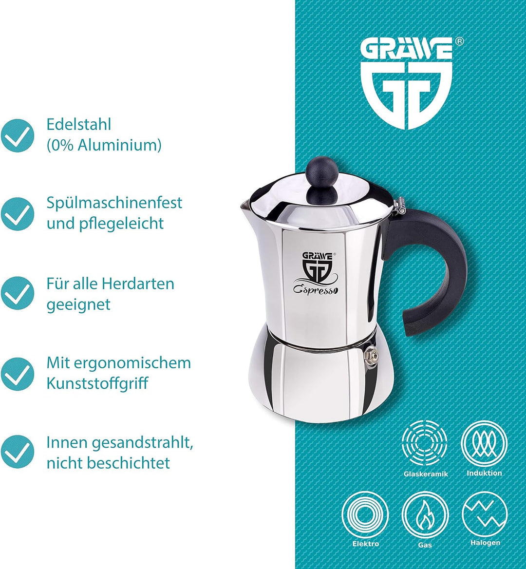 GRÄWE Espressokocher Induktion geeignet, Espressokanne aus Edelstahl für 10 Tassen, Klassischer Espr