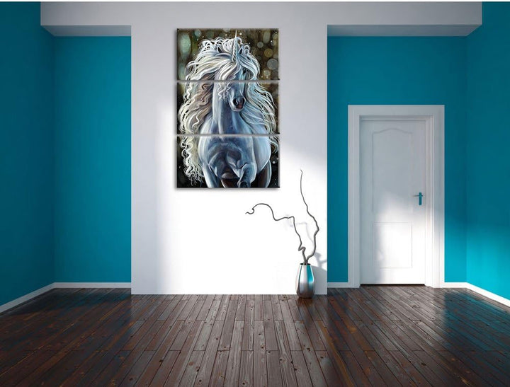 Pixxprint Trabendes weisses Einhorn als Leinwandbild | Grösse: 3 Teilig (120x80) | Wandbild| Kunstdr