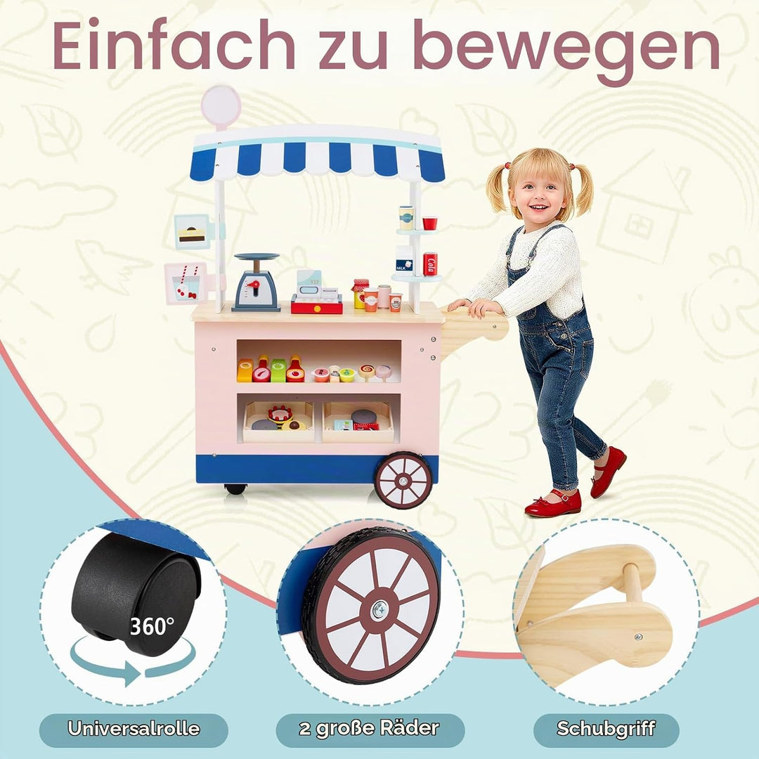 HOMASIS Kaufladen Kaufmannsladen Holz mit 30 Spielzubehör, Verkaufsstand Supermarkt-Set mit 3 Rädern