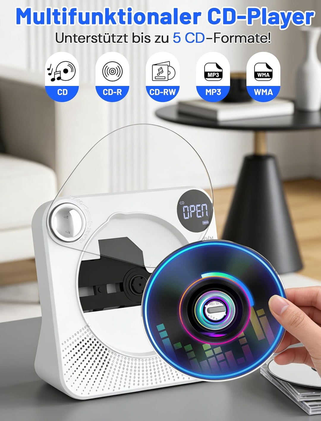 Tragbarer CD-Player 4000mAh Wiederaufladbar, Bluetooth 5.1 mit Stereo-Lautsprechern, Fernbedienung,