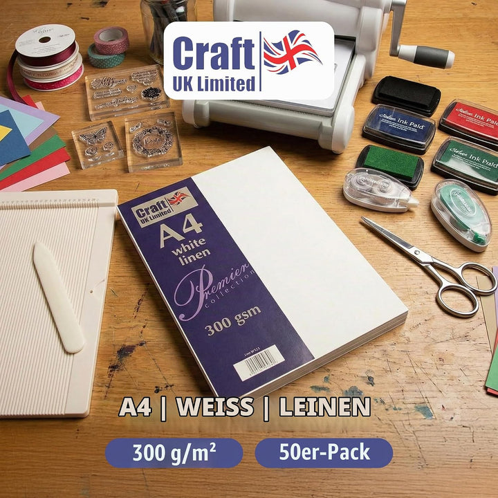 Craft UK W123, recycelter Leinen-Karton, 300 g/m², weiss, 100 Blatt. Weisser Leinen-Karton, 300 g/m²