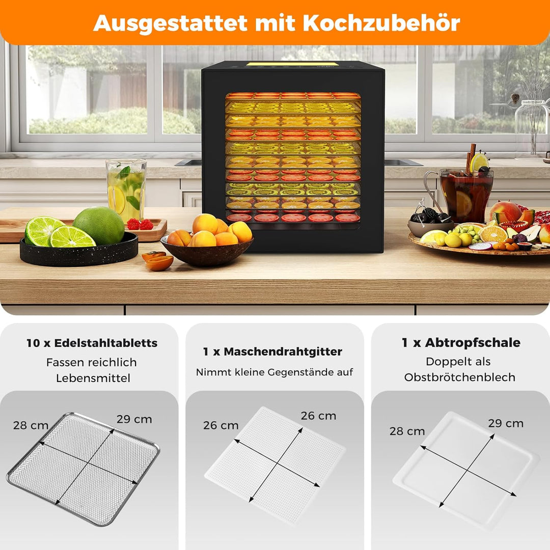 RELAX4LIFE 850W Dörrautomat, Dörrgerät mit 10 Einlegefächern aus Edelstahl, Food Dehydrator mit LED-