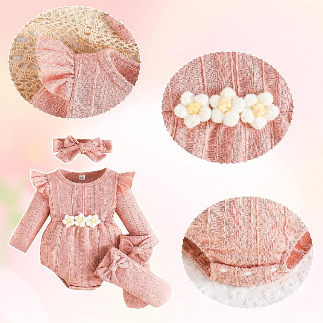 Kunyeah 3Pcs Baby Mädchen Outfits Kleinkind Ruffle Strampler Langarm Bodysuit+Bow Haarband+Socken Ne