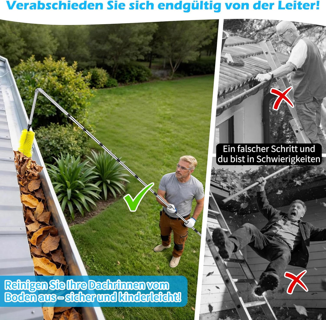 Hysagtek Dachrinnenreiniger - 4M Regenrinnen Reiniger mit Teleskopstiel, Dachrinnenbürste Mit 180° S