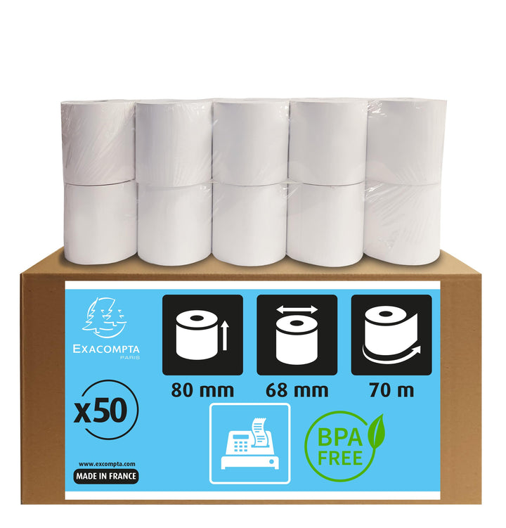 Exacompta 44819E 50er Pack Thermopapierrollen 1-lagig, Breite: 80mm, Länge 70m, Durchmesser Kern: 12