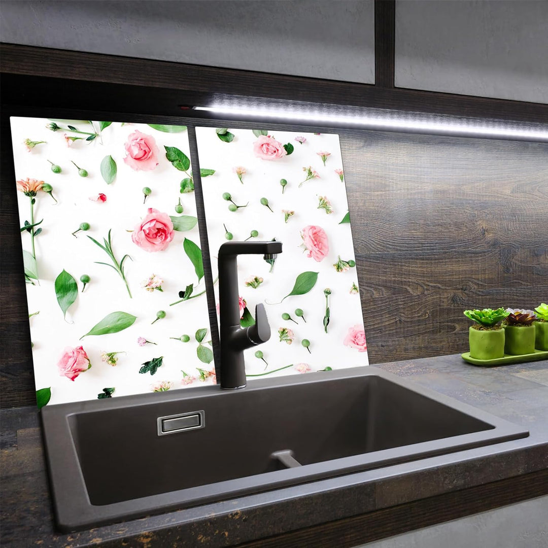 SmartDecoration Herdabdeckplatte Ceranfeldabdeckung aus Glas 2 x 30x52 cm Zweiteilig Motiv "Blumen"