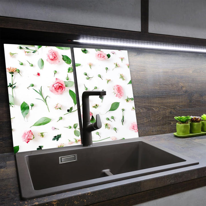 SmartDecoration Herdabdeckplatte Ceranfeldabdeckung aus Glas 2 x 30x52 cm Zweiteilig Motiv "Blumen"