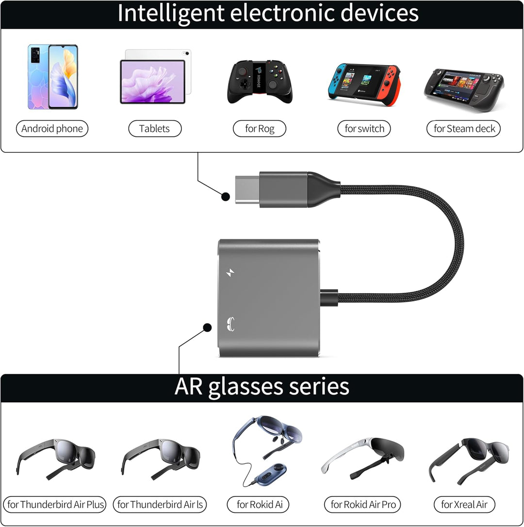 USB C auf AR Brille und Ladeadapter, Laden und Spielen, kompatibel 100W PD Schnellladung für DJI RC
