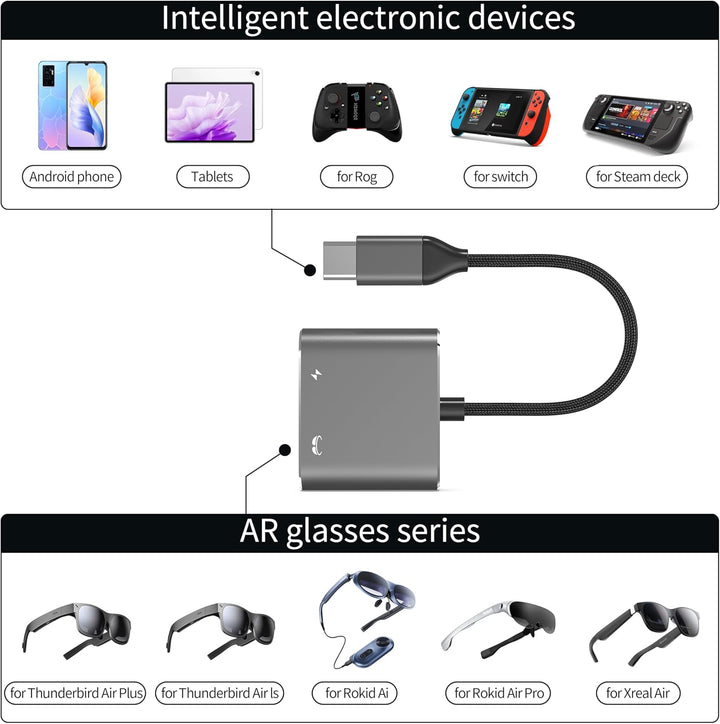 USB C auf AR Brille und Ladeadapter, Laden und Spielen, kompatibel 100W PD Schnellladung für DJI RC