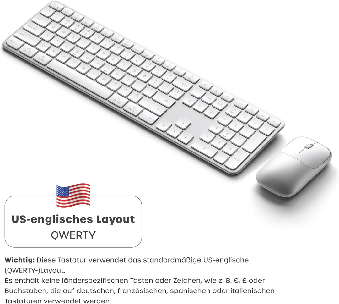 SATECHI Kabelloses Tastatur- & Maus-Set Slim CEX3, Bluetooth Multi-Geräte, USB-C-Empfänger, 𝗨𝗦-𝗘𝗡𝗚𝗟𝗜