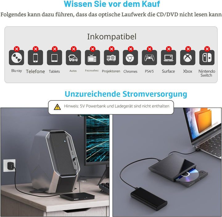 Externes DVD Laufwerk, USB 3.0 Externer DVD Brenner +/-RW CD ROM Externe Optische Laufwerke Tragbare