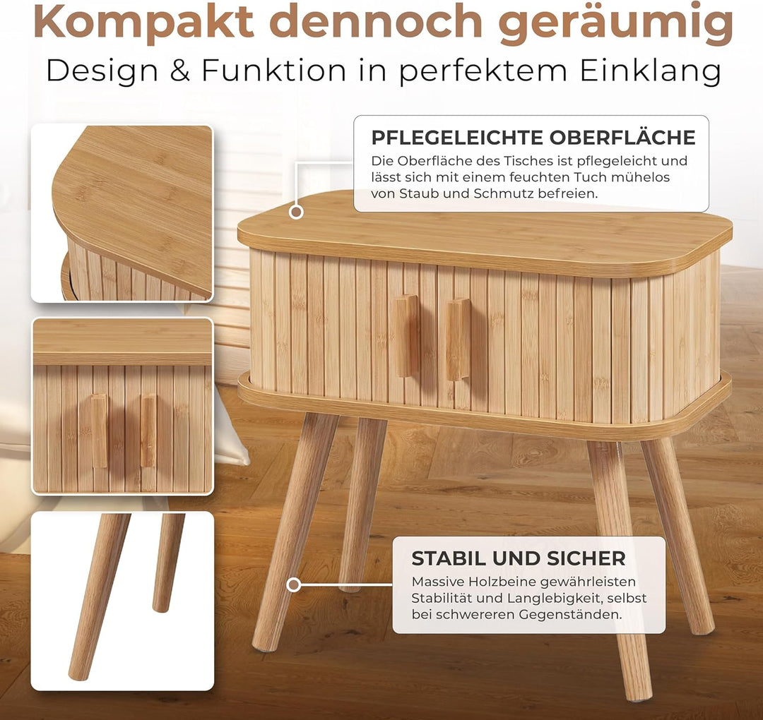 [en.casa] Nachttisch Nordkapp Beistelltisch mit 2 Schiebetüren Bambus Nachtschrank Sofatisch Holzbei