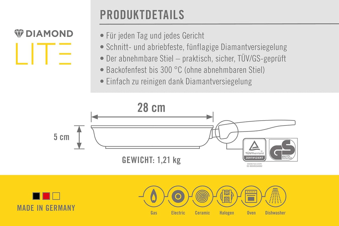 Woll Diamond Lite Flachpfanne, Ø 28 cm, 5 cm hoch, mit abnehmbarem Stiel - Geeignet für Ceran, Gas,