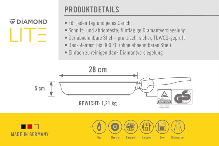 Woll Diamond Lite Flachpfanne, Ø 28 cm, 5 cm hoch, mit abnehmbarem Stiel - Geeignet für Ceran, Gas,