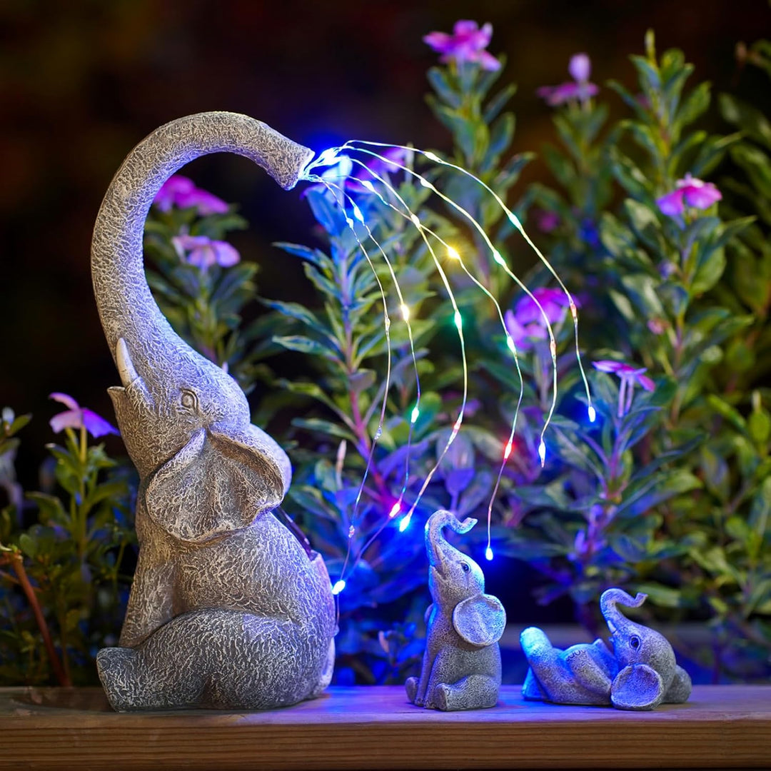 Yeomoo Elefanten Deko Gartenfiguren mit Solar Lichterkette Aussen: Elefant Mutter mit 2 Baby Elefant