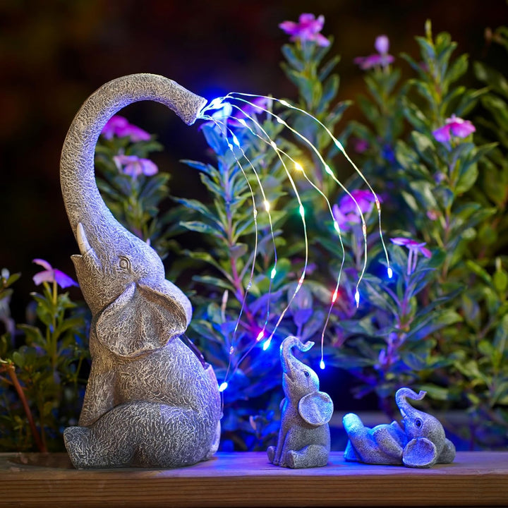 Yeomoo Elefanten Deko Gartenfiguren mit Solar Lichterkette Aussen: Elefant Mutter mit 2 Baby Elefant