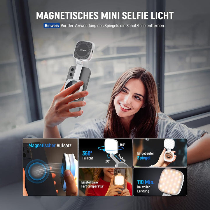NEEWER Magnetisches Selfie Licht kompatibel mit iPhone MagSafe CRI95 700lx/0,3m Faltbare LED Handy F