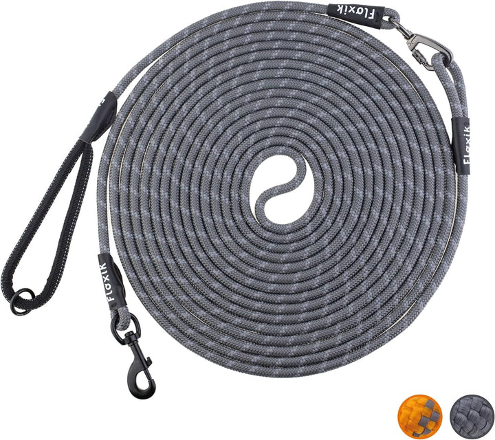 Floxik Schleppleine für Hunde | 5m, 10m, 15m, 20m grau | reflektierende Tauleine mit Abnehmbarer Han