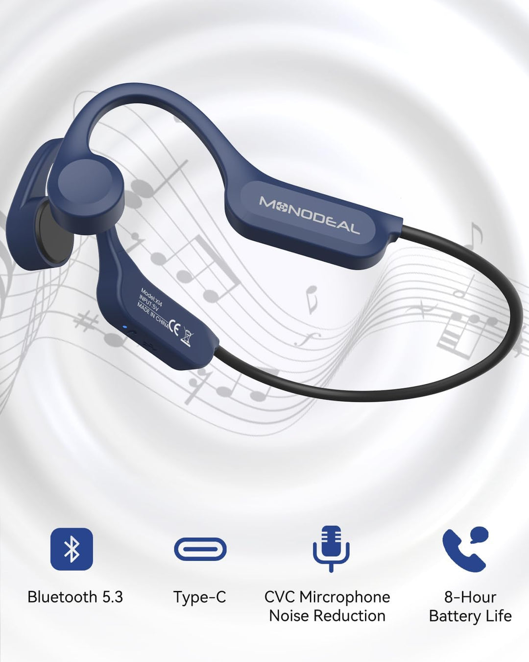 MONODEAL Knochenschall Kopfhörer Bluetooth 5.3 Open Ear Kopfhörer, Typ-C Ladeanschluss, IPX6 wasserd