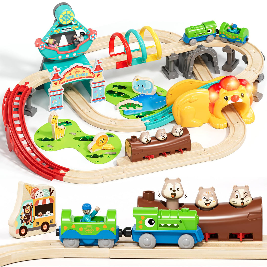 Lehoo Castle Holzeisenbahn, Dinosaurier Lokomotive, Freizeitpark Holz Eisenbahn Kinder mit Löwentunn