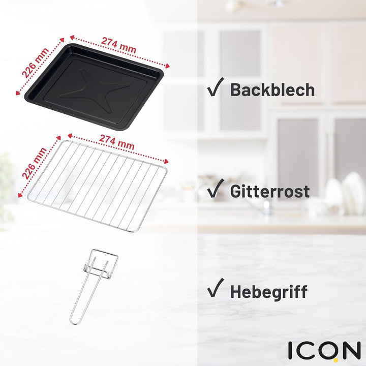 ICQN Kompakter Minibackofen 15 Liter, 1200W, 60 min-Timer, 3 Kochfuntionen, 90°-230°C, Kleiner Campi