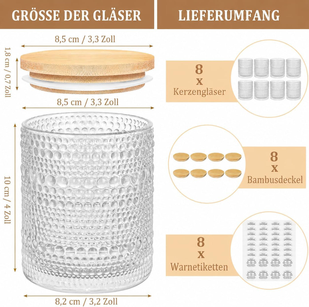 8 Stück Klare Glas Kerzengläser für Herstellung von Kerzen, 240 ml Kleine Kerzen Gläser mit Bambus D