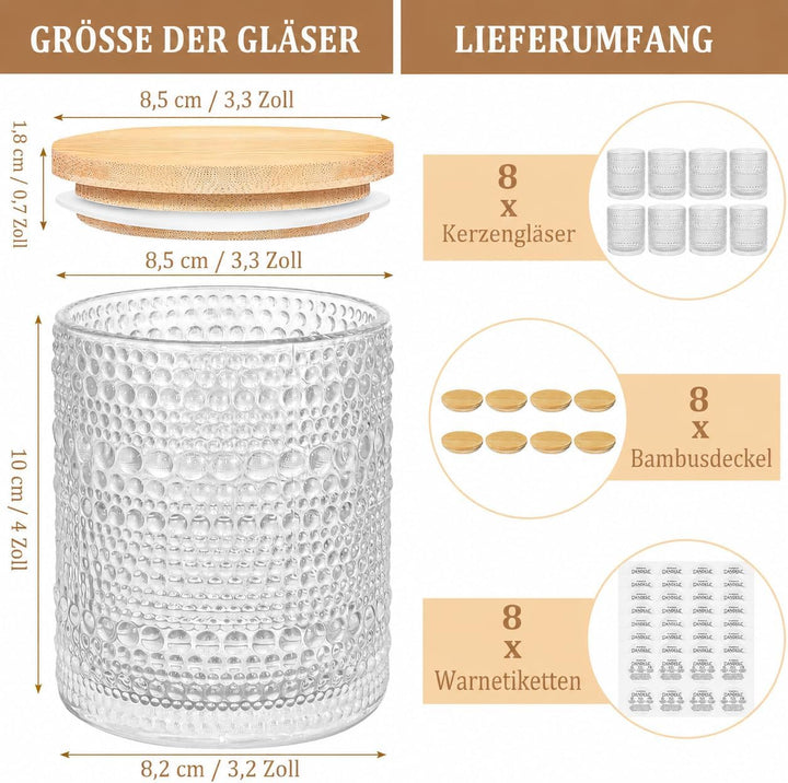 8 Stück Klare Glas Kerzengläser für Herstellung von Kerzen, 240 ml Kleine Kerzen Gläser mit Bambus D