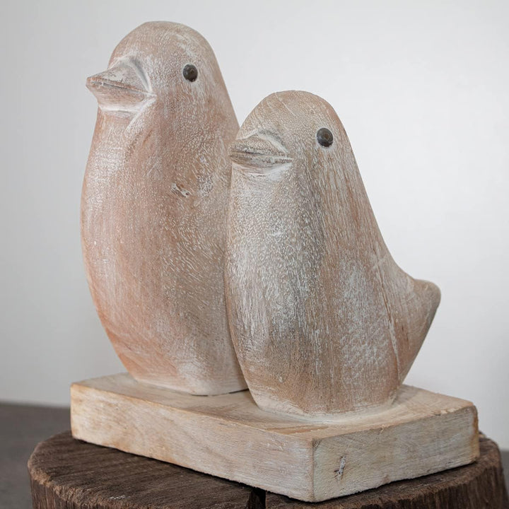 Antikas - Holzfigur, 2 Vögel, Naturfarbend, Gekalkt